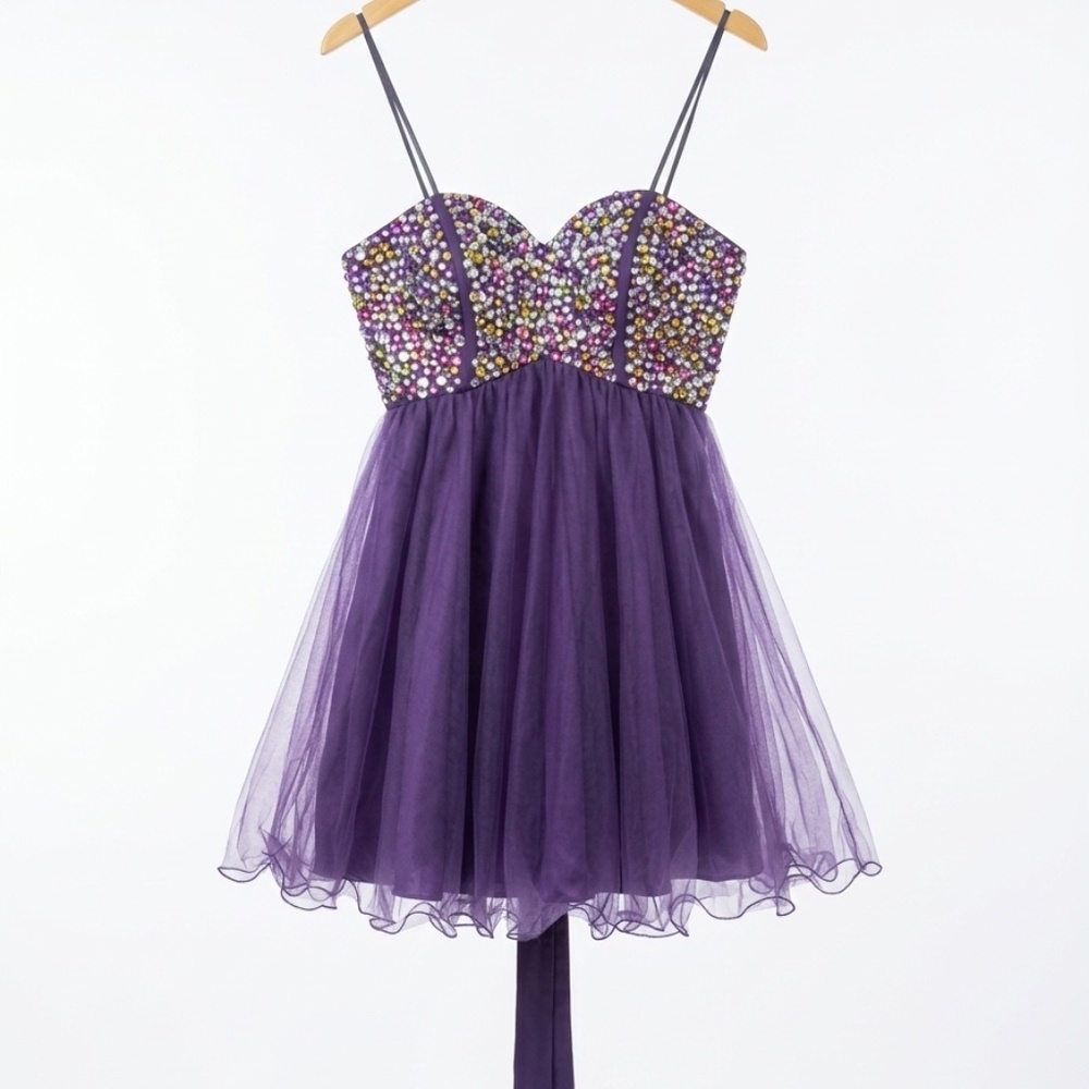 🔥 NWT Nox Anabel Plum Crystal Embellished Tulle Mini Dress